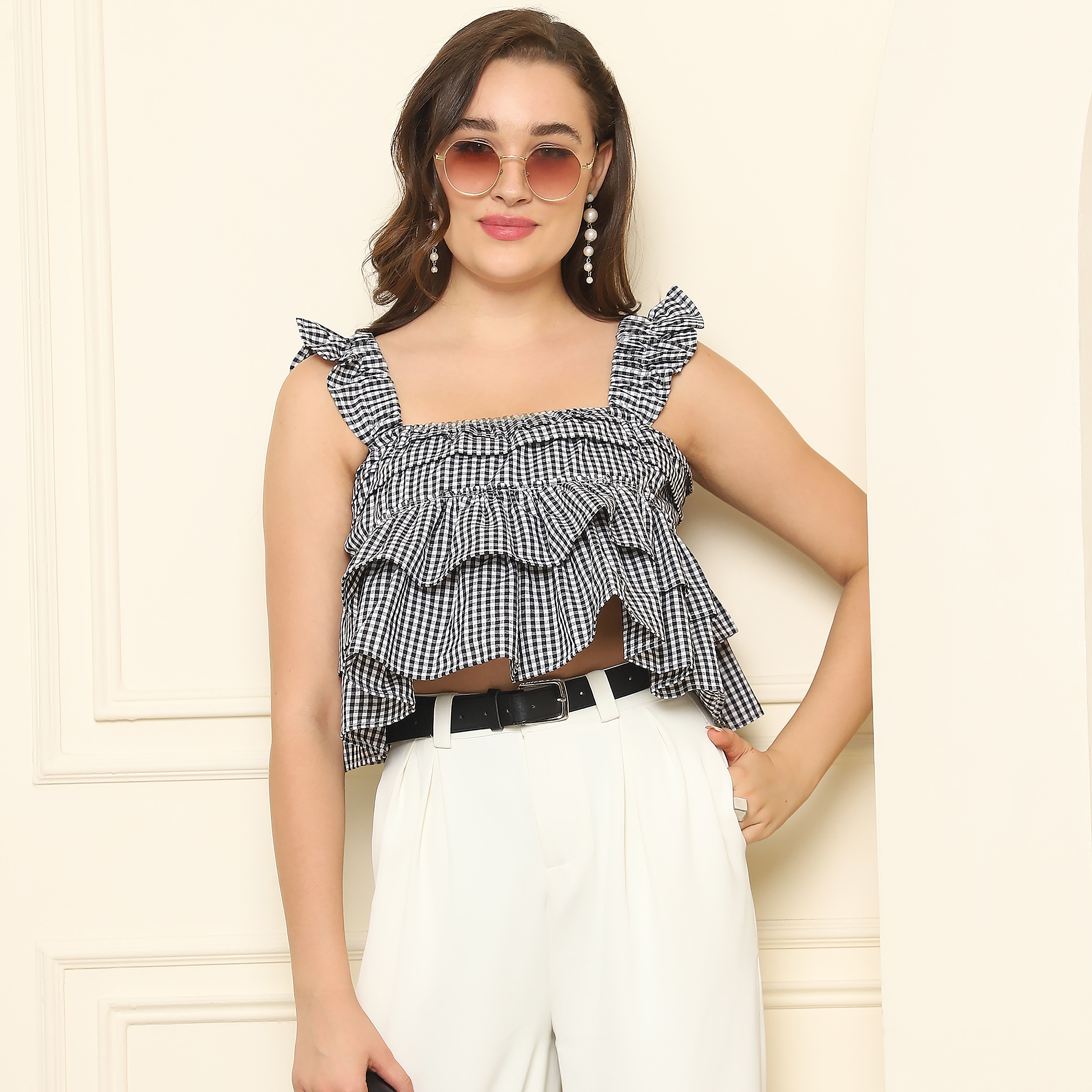 Woven Frilled Top – Black Checkered