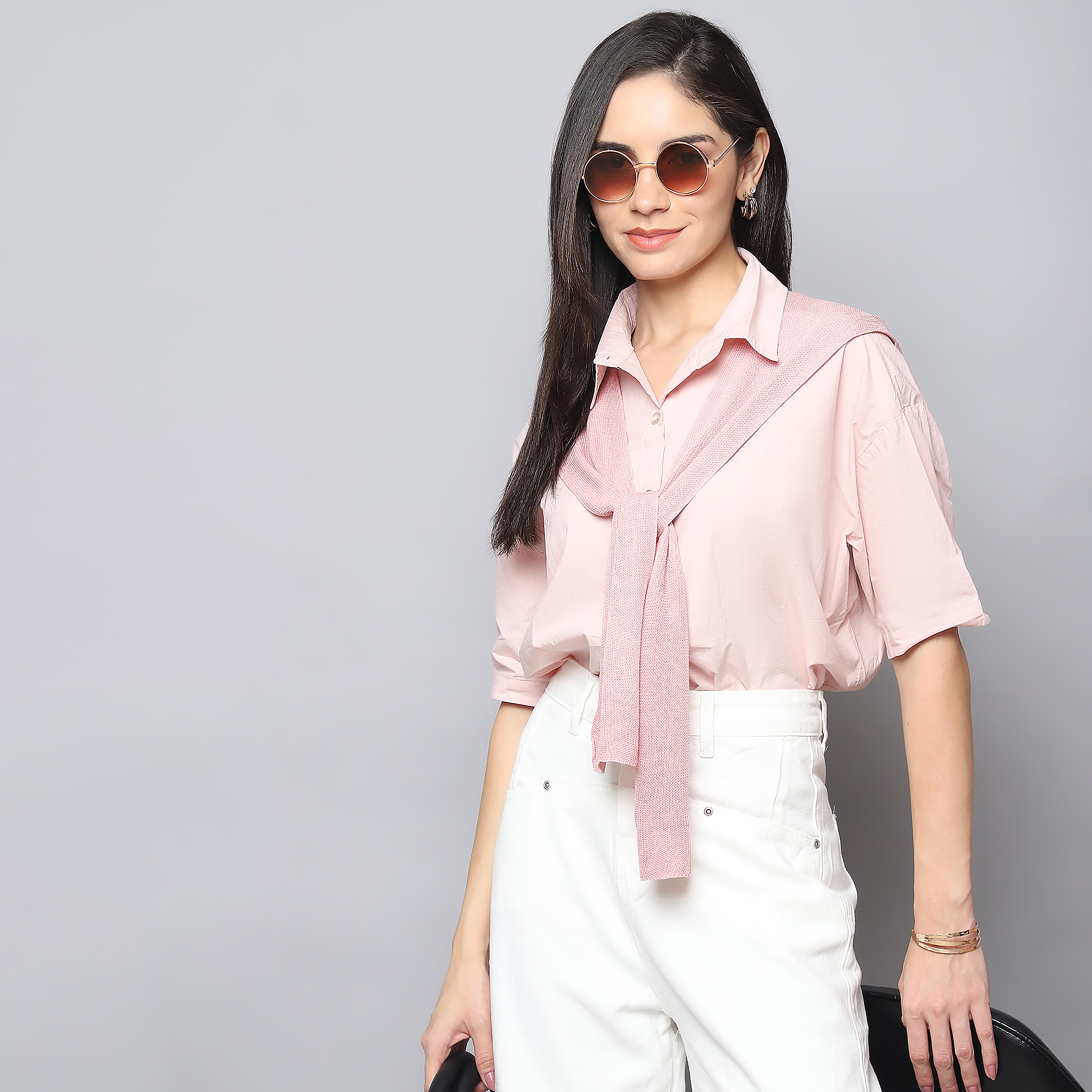 Blush Breeze Oversized Shirt with Knitted Scarf