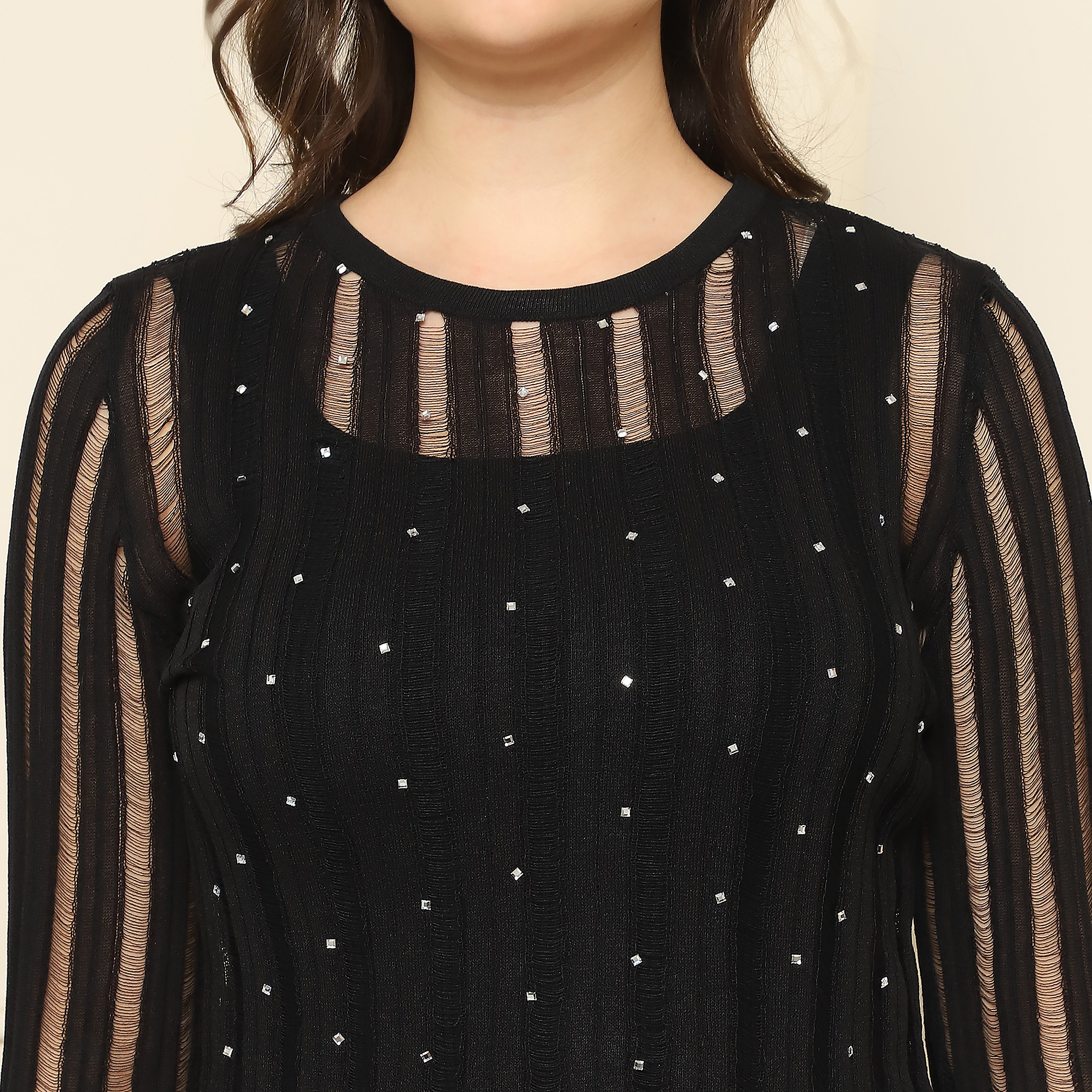 Black Knitted Top with Sheer Stripes & Embellishments