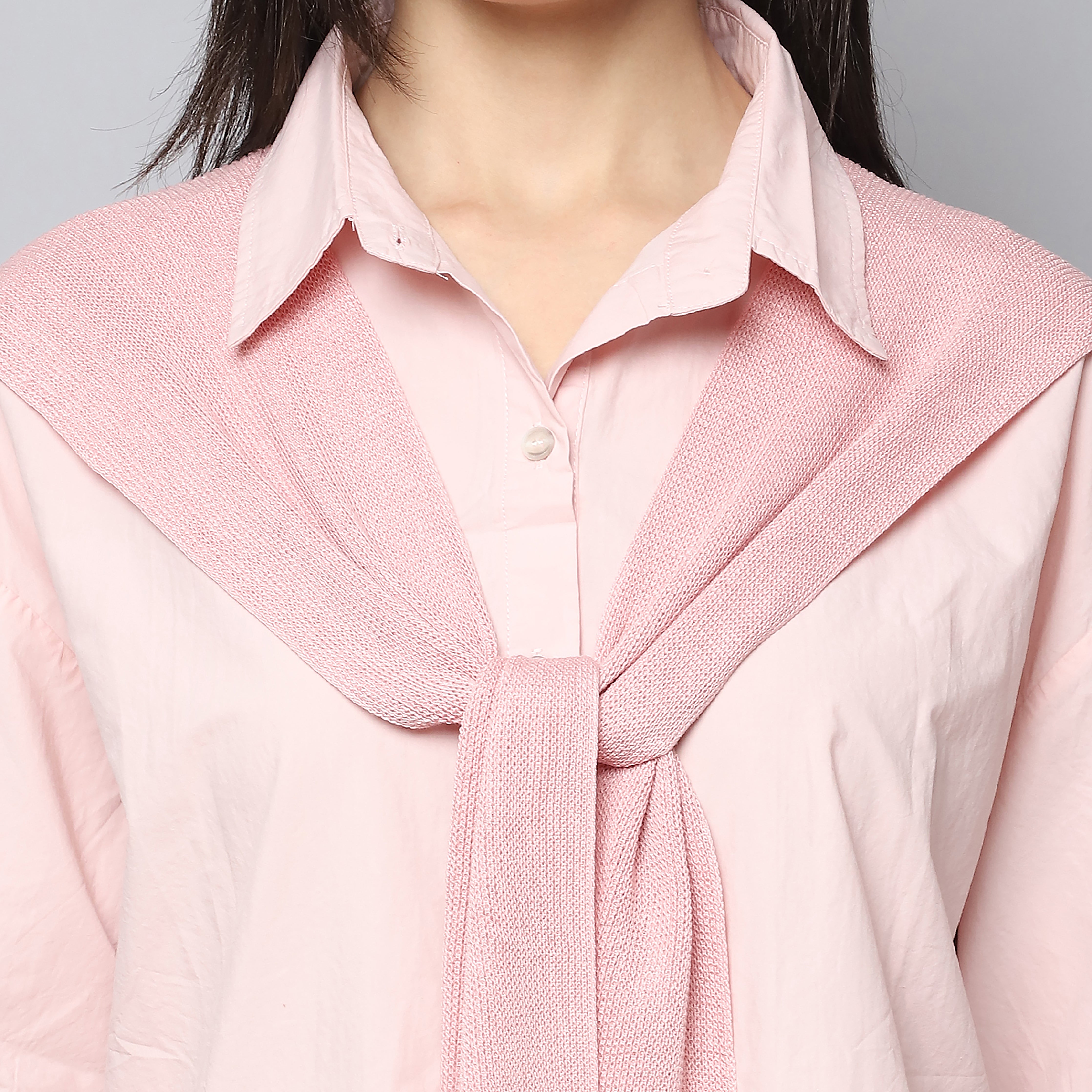 Blush Breeze Oversized Shirt with Knitted Scarf