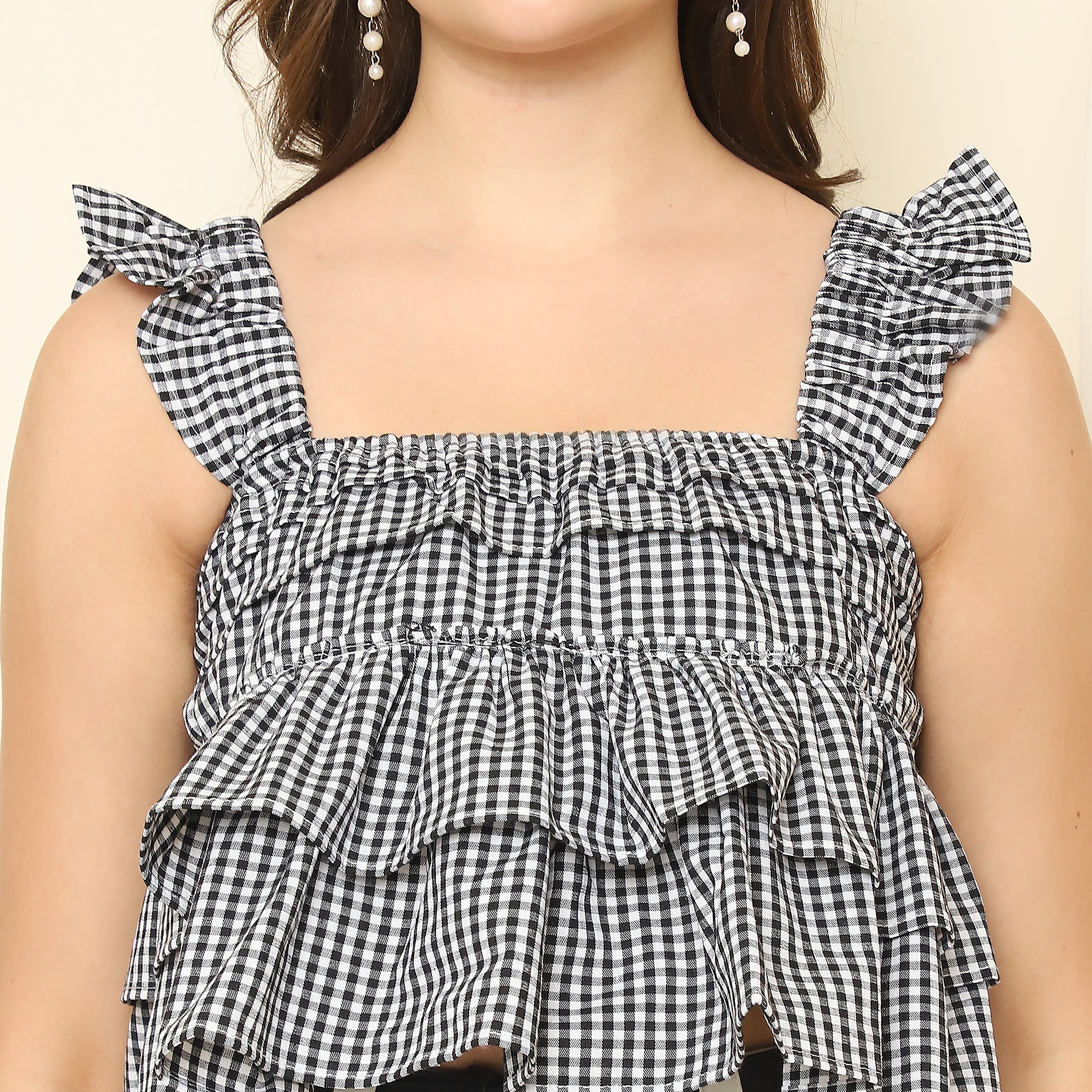 Woven Frilled Top – Black Checkered