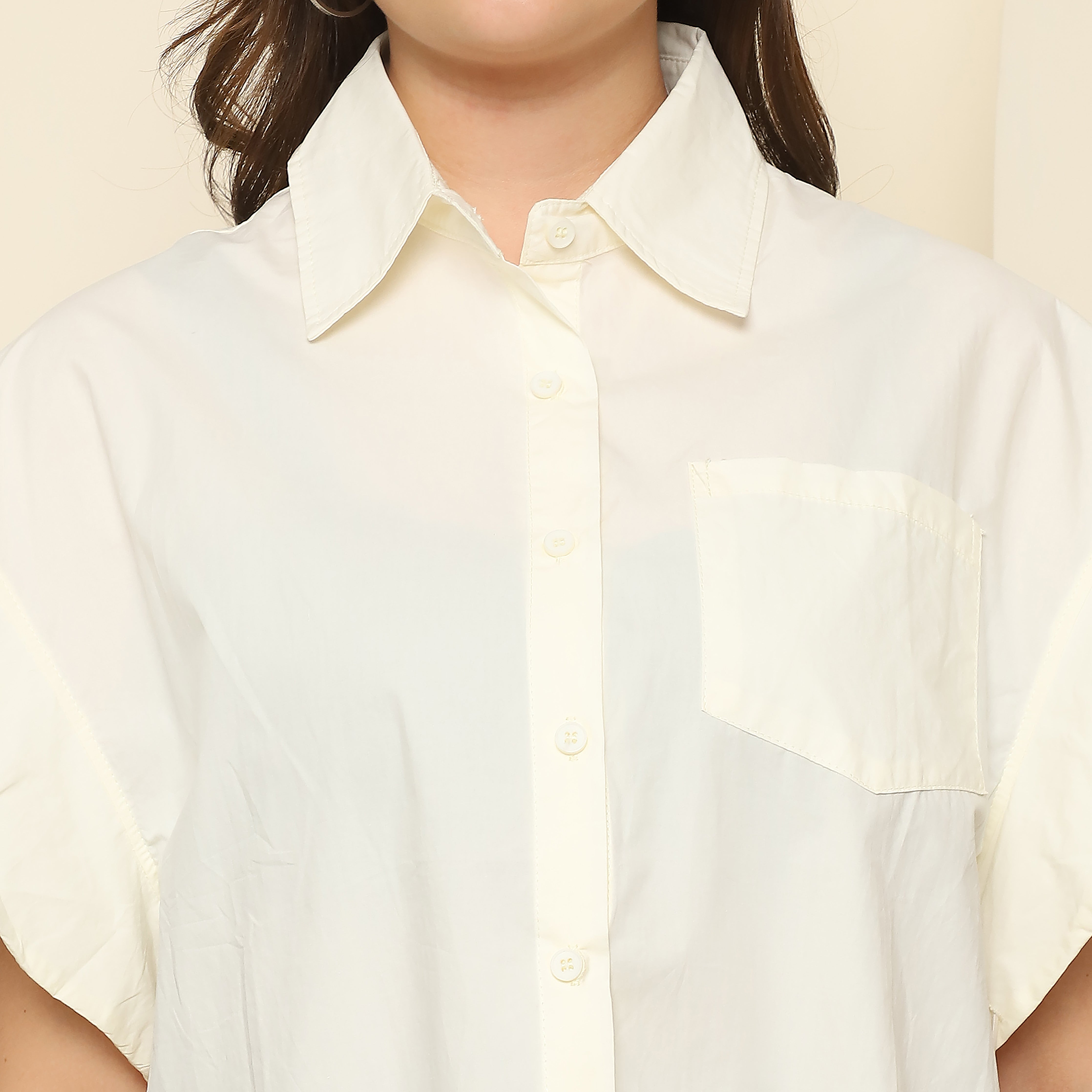 Cream Balloon Sleeve Button-Down Shirt | 100% Cotton Women's Top (S,M,L,XL)