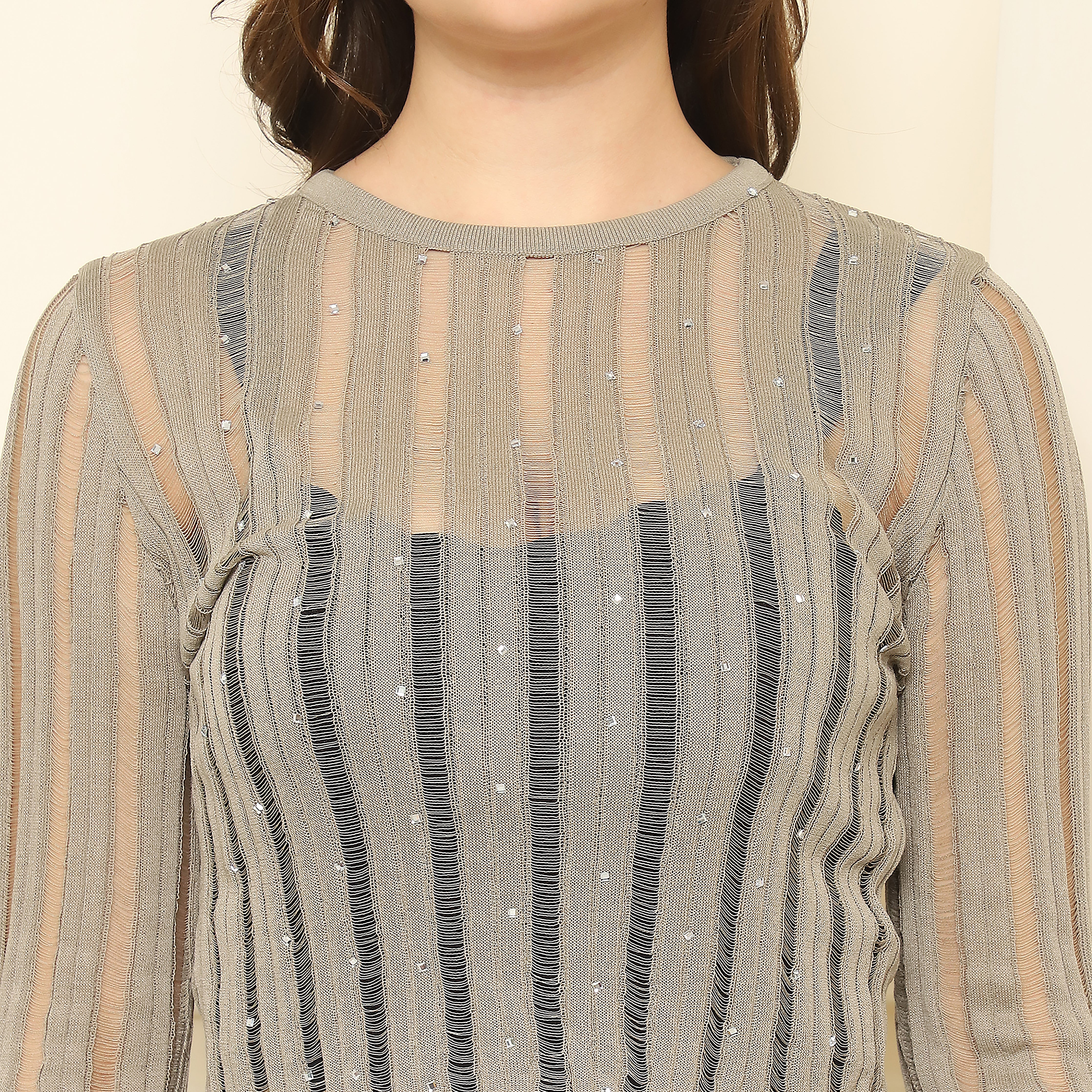 Khaki Knitted Top - Sheer and Embellished