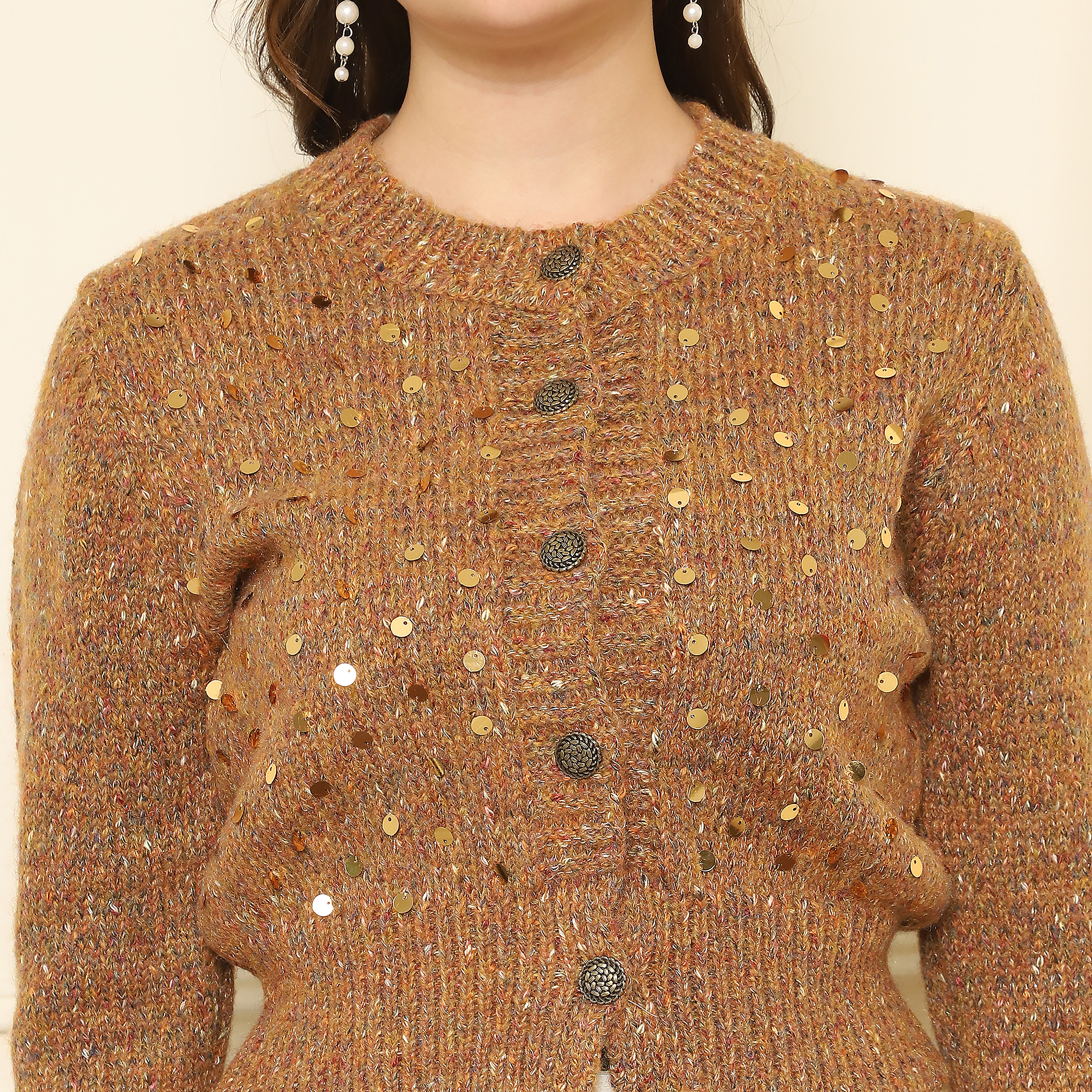 Knitted Sequin Embellished Sweater – Mustard