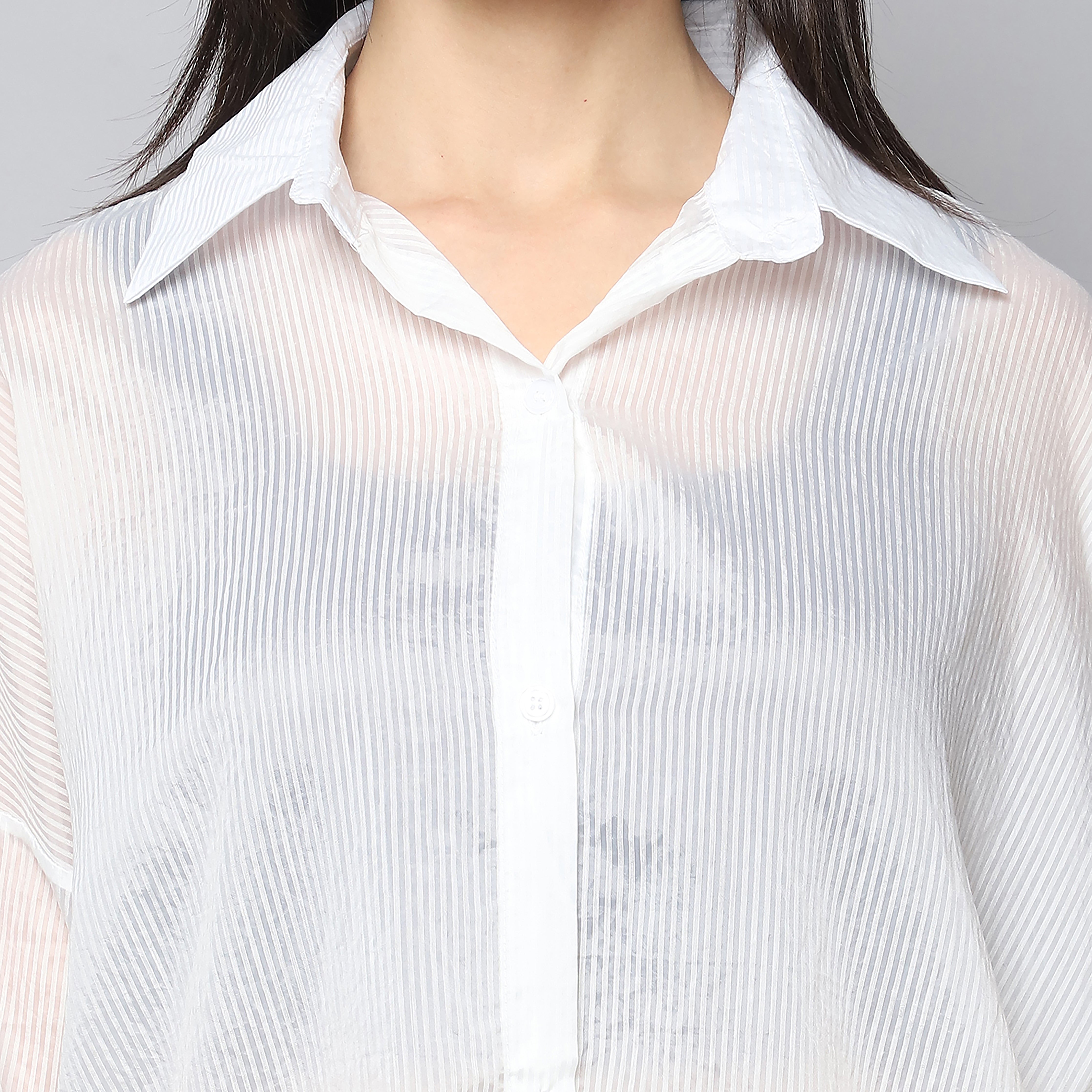 Women's White Sheer Self-Striped Shirt